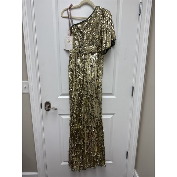 Mac Duggal Size 4 Gold Green 93540 One-Shoulder Sequin Formal Gown Maxi Dress - Picture 11 of 13